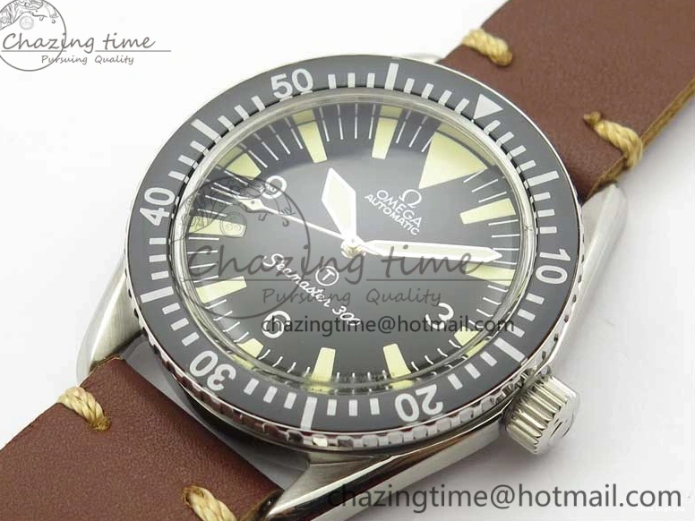 0214 Practical Vintage Seamaster 300 No Date T SS B12 Black Dial On Brown Leather Strap A2836 (Free Nylon Strap) 7910